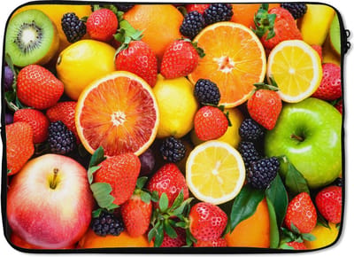 Laptophoes 14 inch - Aardbei - Citroen - Fruit - Laptop sleeve - Binnenmaat 33x23 cm - Zwarte achterkant