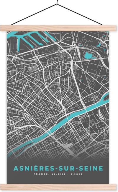 Posterhanger incl. Poster 40x60 cm - Schoolplaat - Plattegrond – Asnières-sur-Seine – Stadskaart – Kaart – Frankrijk - Textielposter - Blanke latten - Stadskaart