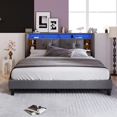 Pugsdrly Gestoffeerd tweepersoonsbed met opbergruimte in het hoofdeinde, bed met USB-oplaadfunctie en LED-verlichting, bedframe met houten lattenbodem, 160x200 cm, grijs (zonder matras)