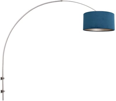 Wandlamp Steinhauer Gramineus modern klassiek met metaal en textiel, hoogte 145 cm, staal met blauw velours ton kap, draaibaar, kantelbaar en uitschuifbaar