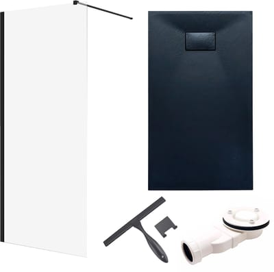 Ketil Vidar doucheset met glaswisser 100 x 80 cm zwart - walk-in douchewand met douchebak
