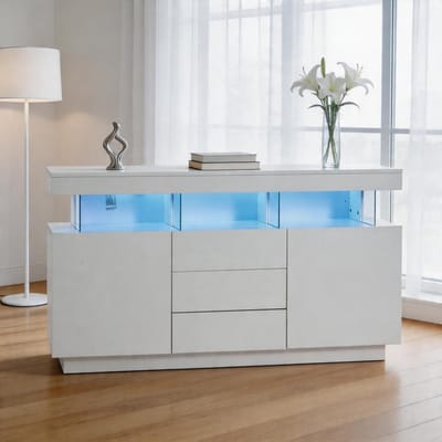 KOMHTOM - Modern dressoir - Hoogglans acryl - 16-kleurige LED-lichtstrip - Koffiebar - Geschikt voor eetkamer keuken hal - 140x35x80 cm - Wit