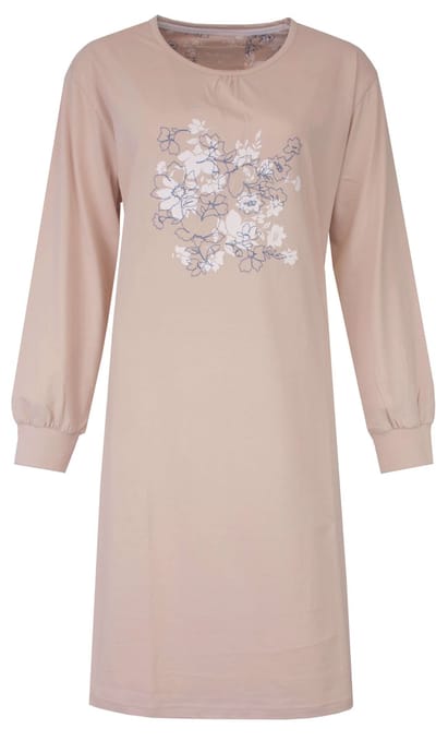 Tenderness Dames Nachthemd - Katoen - Bloemen Print - Lange Mouwen - Beige - Maat S