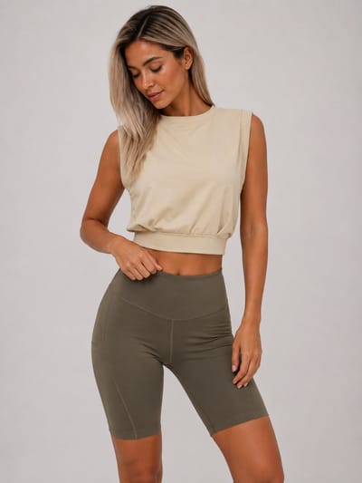 SparkNine Rebel top - loszittend - met tailleband - XXL - beige - mouwloos - crop top - casual top - stijlvol & ademend