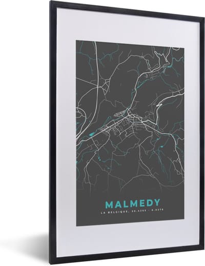 Fotolijst incl. Poster - Kaart – Plattegrond – Stadskaart – Malmedy – België - Grijs - 40x60 cm - Posterlijst