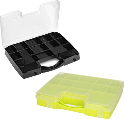 Forte Plastics - 2x opberg vakjesdoos/Sorteerboxen - 13-vaks kunststof - 27 x 20 x 3 cm - zwart en groen