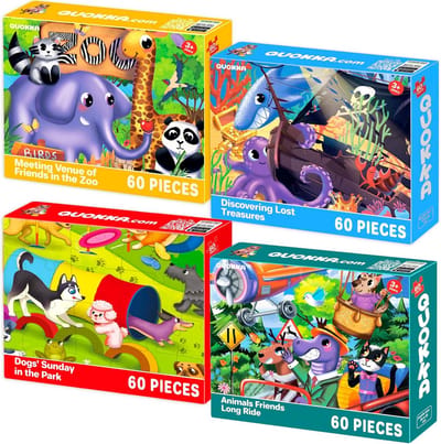 4 Kleurrijke Kinderpuzzels van 60 Stukjes Met Kader - Dieren en Verhalen voor Jongens en Meisjes