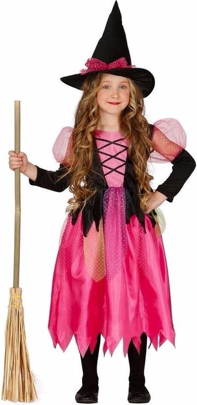 Heksen kostuum/outfit Shiny Witch - voor meisjes - roze - Heksenjurk verkleedkleding 110/116