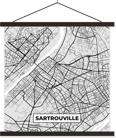Posterhanger incl. Poster 60x60 cm - Schoolplaat - Plattegrond - Kaart - Stadskaart - Frankrijk - Sartrouville - Textielposter - Zwarte latten - Stadskaart