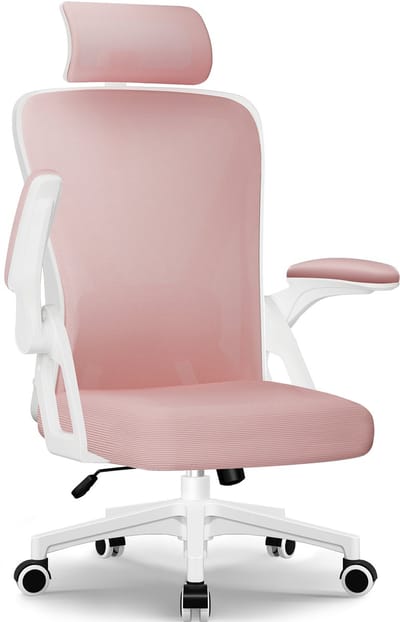 Bureaustoel-ergonomische bureaustoel-bureaustoelen voor volwassenenOpklapbare armleuningen-2D lendensteun-Roze