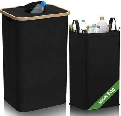 Recycling Prullenbak Binnen – Met Deksel & Herbruikbare Binnenzak – Waterdicht & Geurwerend – Prullenmand Keuken Zwart – 40,5x33x73cm