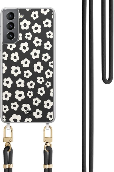 Casimoda® hoesje met zwart koord - Geschikt voor Samsung S21 Plus - Retro Bloempjes - Afneembaar koord - TPU/polycarbonaat - Zwart