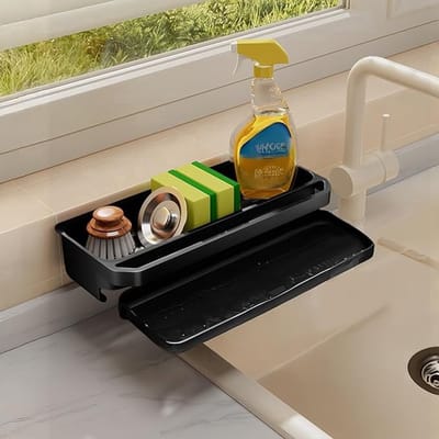 2-in-1 sponshouder en dienblad voor spoelbak, multifunctionele organizer van kunststof voor keuken en badkamer