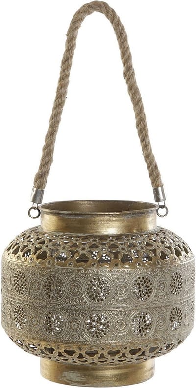 Items Windlicht - goudkleurig - metaal - met touw - 26 x 22 cm - Stompkaars houder