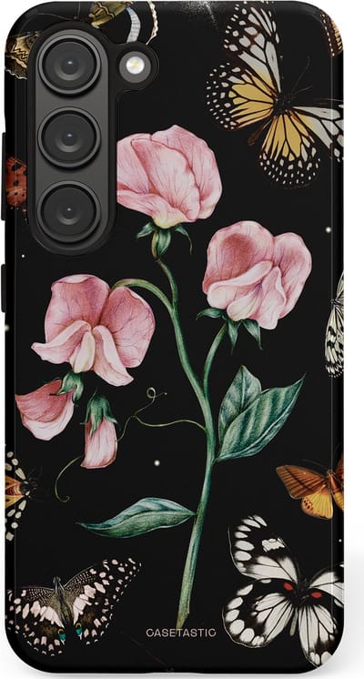 Casetastic hoesje geschikt voor Samsung Galaxy S23 - Dubbellaagse bescherming - Vleugels en bloemen - Fashion Case - Zwart Grijs Taupe