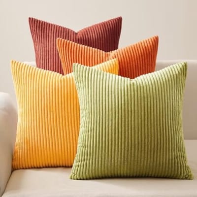 PromoHome Ribfluweel Kussenhoezen Set van 4 Stuks 50x50 cm - Zachte Corduroy Sierkussens voor Bank, Sofa en Woonkamer - Gradiënt Kleurverloop Geel Groen Oranje - Wasbaar en Hypoallergeen