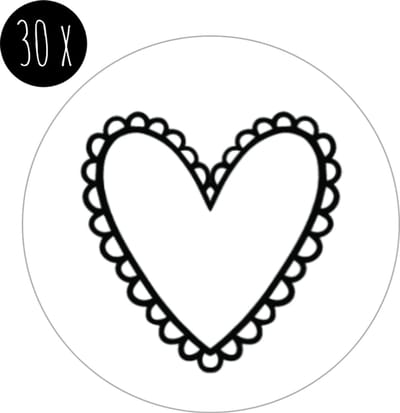 30x Stickers / Sluitstickers | HARTJE | boho | 35 mm | wit & zwart | huwelijk / trouwfeest / trouwkaart