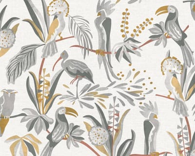 BLADEREN EN VOGELS BEHANG | Jungle - grijs geel rood - A.S. Création House of Turnowsky
