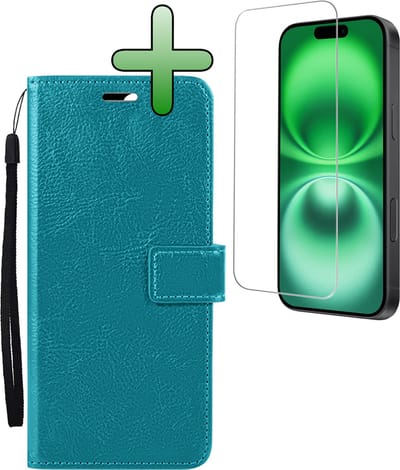 Hoesje Met Screenprotector - Geschikt voor Apple iPhone 16 - Luxe Pasjeshouder - Bookcase Portemonee - Flip Case - Kunstleer Book Case - Flipcase - Book Cover - Walletcase - Portemonneehoes - Turquoise