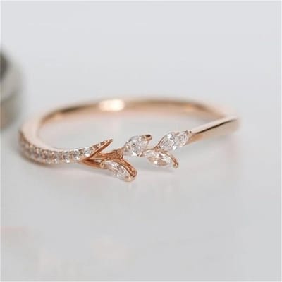 Bague Feuilles Couleur Or Rose Tendance Pour Femmes Mariage Fête Bague de Doigt Délicate Incrustée Cristal Zircone Cubique Bague Bijoux de Fête 12 beige