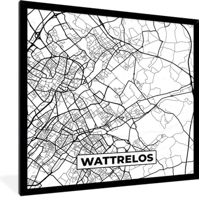 Fotolijst incl. Poster Zwart Wit- Stadskaart - Plattegrond - Kaart - Wattrelos - Frankrijk - Zwart wit - 40x40 cm - Posterlijst