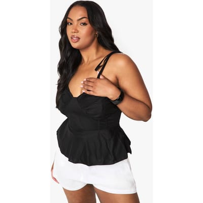 boohoo Dames Top met plus borstdetail en strikriem | Black | Maat: 22