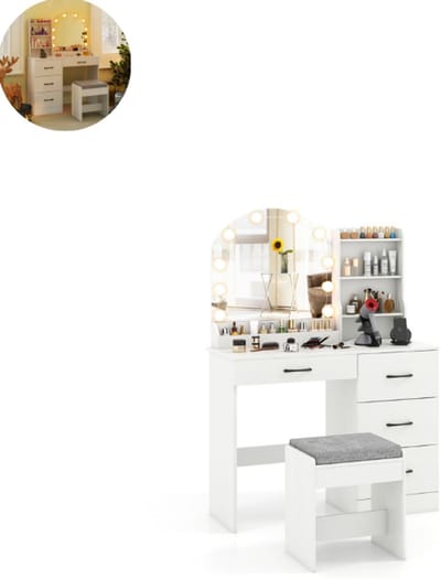 Kaptafel met spiegel en verlichting - Make up tafel - Make up - Toilettafel -Met lades - Kaptafels - Met kast - Wit