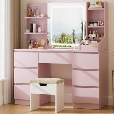 Moderne Kaptafel met LED Spiegel en Verlichting, Instelbare Helderheid, 4 Planken en 7 Laden, Luxe Make-uptafel met Ruime Opbergruimte