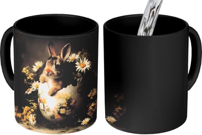 Magische Mok - Foto op Warmte Mokken - Koffiemok - Ei - Konijntje - Bloemen - Geel - Magic Mok - Beker - 350 ML - Theemok