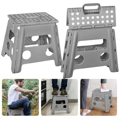 Cheqo® Vouwbare Opstapkruk - Opstapje - Trapje - Kruk - Krukje - Keukentrap - Keukentrapje - Opvouwbaar - Anti-Slip - ABS Materiaal - Max. 100 kg - Grijs