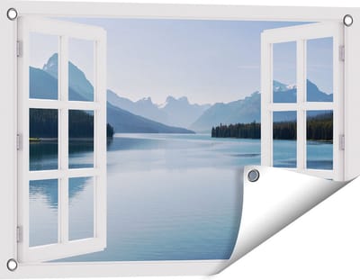 Gards Tuinposter Doorkijk Meer bij de Bergen in Alberta, Canada - 60x40 cm - Tuindoek - Tuindecoratie - Wanddecoratie buiten - Tuinschilderij