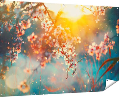 Gards Tuinposter Bloesemboom tijdens Zonsondergang - Bloem - 180x120 cm - Tuindoek - Tuindecoratie - Wanddecoratie buiten - Tuinschilderij
