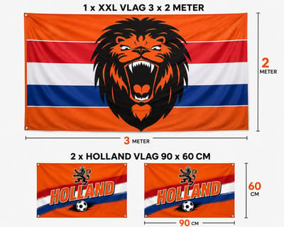 XXL Holland Vlaggenpakket WK 2026 – 1x Leeuwenvlag 300x200 cm + 2x Holland Vlag 90x60 cm – Oranje Supporterspakket Nederland