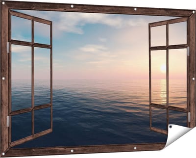 Gards Tuinposter Doorkijk Zee Water tijdens Zonsondergang - 150x100 cm - Tuindoek - Tuindecoratie - Wanddecoratie buiten - Tuinschilderij