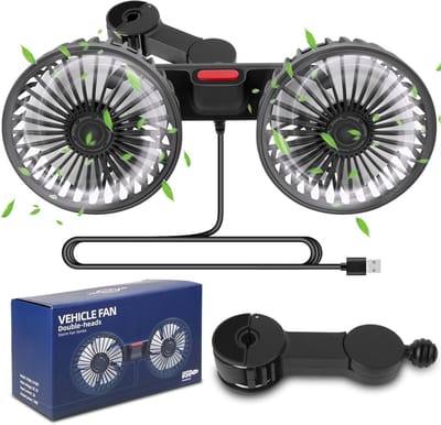 Thijox - Autoventilator 5V 2A Dubbele Kop, 360 Graden Draaibaar, 3 Standen, USB Ventilator voor Auto, Achterbank, SUV, Vrachtwagen, Zwart, Polyprop