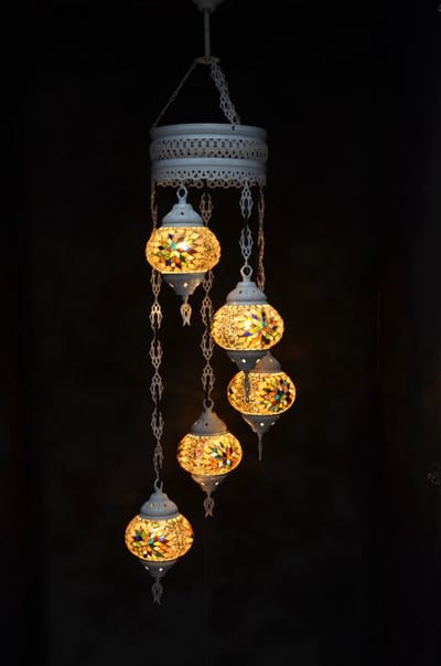 Hanglamp multicolour geel glas mozaïek 5 bollen Turkse Oosterse Crèmewit Marokkaanse kroonluchter
