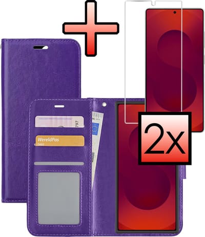 Hoesje - Met 2x Screenprotector - Geschikt voor Samsung Galaxy S25 Ultra - Luxe Pasjeshouder - Bookcase Portemonee - Flip Case - Kunstleer Book Case - Flipcase Hoes - Book Cover - Walletcase - Portemonneehoes - Paars