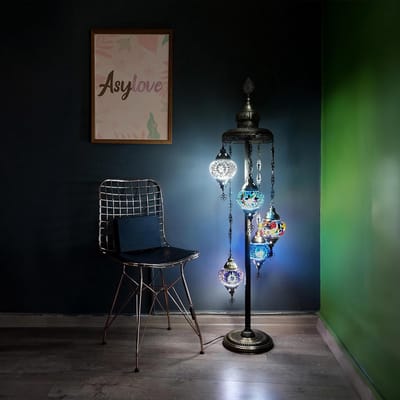 Turkse staande lamp - 5 handgemaakte mozaïek glazen - Oosterse vloerlamp - multicolor