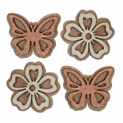 Strooidecoratie hout bloemen/vlinders wit/roze Ø4cm 36st, 36 Stück