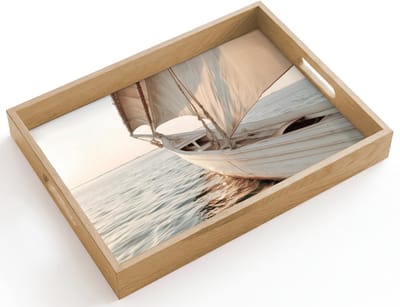 Dienblad hout 40x30 cm - Schootdienblad - Zeilboot - Zee - Beige - Zon - Borrelplank rechthoek - Plateau dienbladen