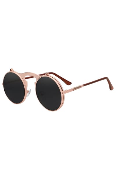 KIMU® Ronde Zonnebril Flip Up - Roségoud Montuur Rond - Zwarte Spiegelglazen - Vintage Steampunk Retro Opklapbaar Bril Bruine Pootjes - Rosékleurig Vintage Rosé Roze Festival