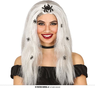 Fiestas Guirca - Pruik grijs haar spinnen - Halloween Pruik - Halloween accessoires - Halloween outfit - Pruiken - enge pruiken