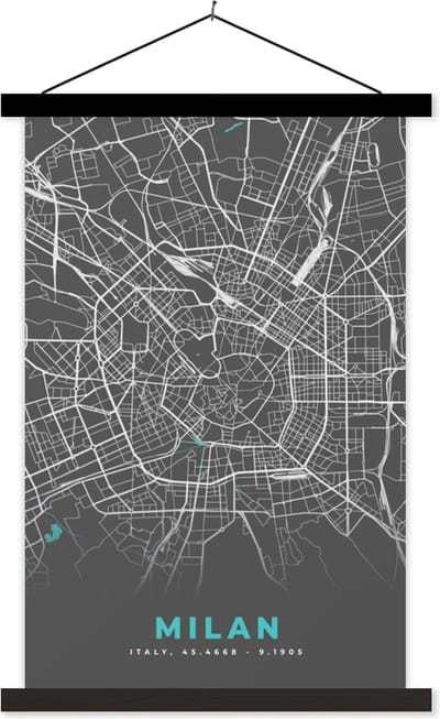 Posterhanger incl. Poster 40x60 cm - Schoolplaat - Milaan - Blauw - Kaart - Stadskaart - Plattegrond - Textielposter - Zwarte latten - Stadskaart