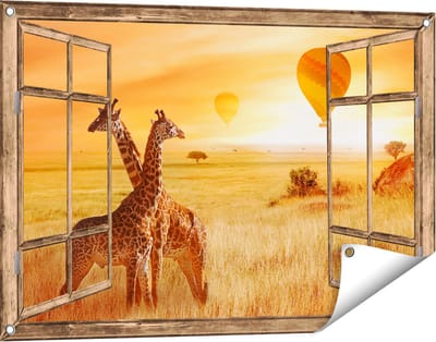 Gards Tuinposter Doorkijk Twee Giraffen met Twee Oranje Luchtballonnen - 90x60 cm - Tuindoek - Tuindecoratie - Wanddecoratie buiten - Tuinschilderij