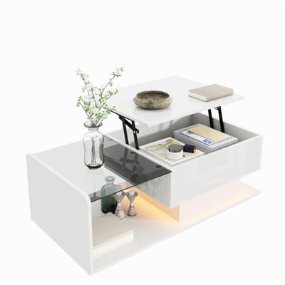 MODFU Salontafel verstelbaar van spaanplaat en gehard glas, hoogglans wit met LED en opbergruimte