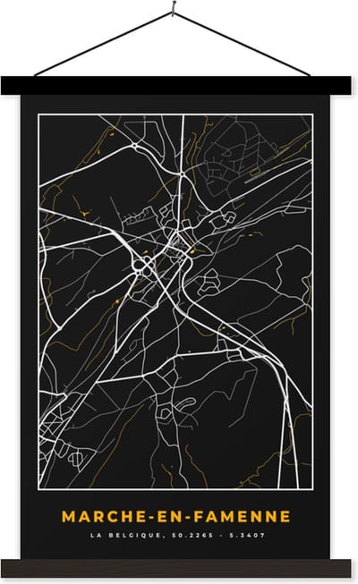 Posterhanger incl. Poster 40x60 cm - Schoolplaat - Marche-en-Famenne - Kaart - Stadskaart - Goud - Plattegrond - Textielposter - Zwarte latten - Stadskaart