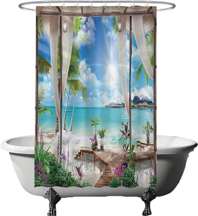 Ulticool Douchegordijn - Doorkijk Strand Zee Natuur - 120 x 180 cm - met 8 ringen - Anti Schimmel - Waterdicht & Wasbaar - Semi Transparant - Blauw Wit Groen
