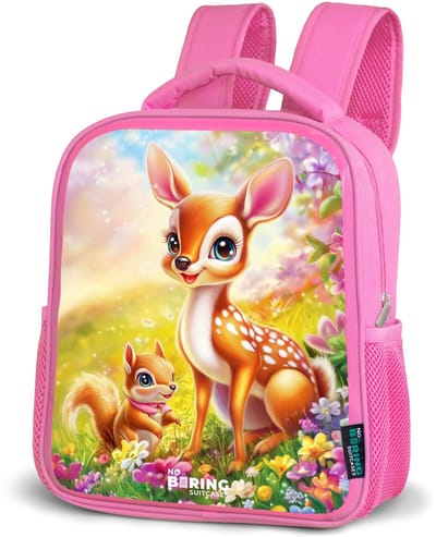 NoBoringSuitcases.com® - Rugzak roze - Schooltas meisjes - Hertje en eekhoorn in kleurrijk bloemenveld - Kinder rugtas meisje - Boekentas kind - Kinderrugzak voor school - Schoolrugzak
