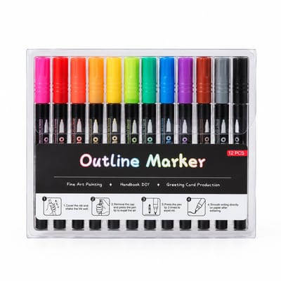 Ronde stiften - 12 kleuren - metallic glanseffect - zwarte houder met tray - PP-doos 155 g