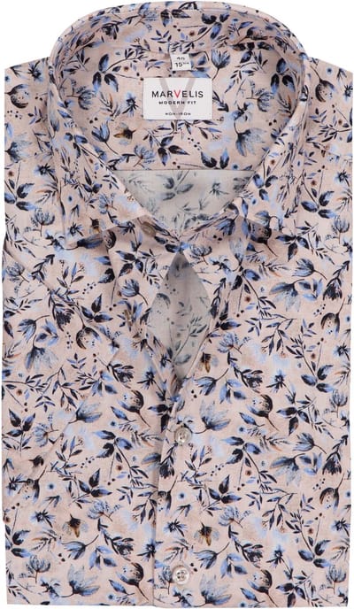 MARVELIS modern fit overhemd - korte mouw - popeline - beige met blauw en bruin bloemen dessin - Strijkvrij - Boordmaat: 38 (EU maat: S)